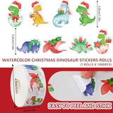 1000Pcs Christmas Paper Sticker Watercolor Dinosaur Decal Jurassic Animal Self-Adhesive Sticker Label For Xmas Winter Gift Card Party Supplies, 1.5 In