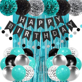 Teal Blue And Black Happy Birthday Decorations With Banner Turquoise Aqua Teal Foil Fringe Curtain Tissue Pom Poms Balloons Décor Supplies For Men Women Boys Girls Birthday Party