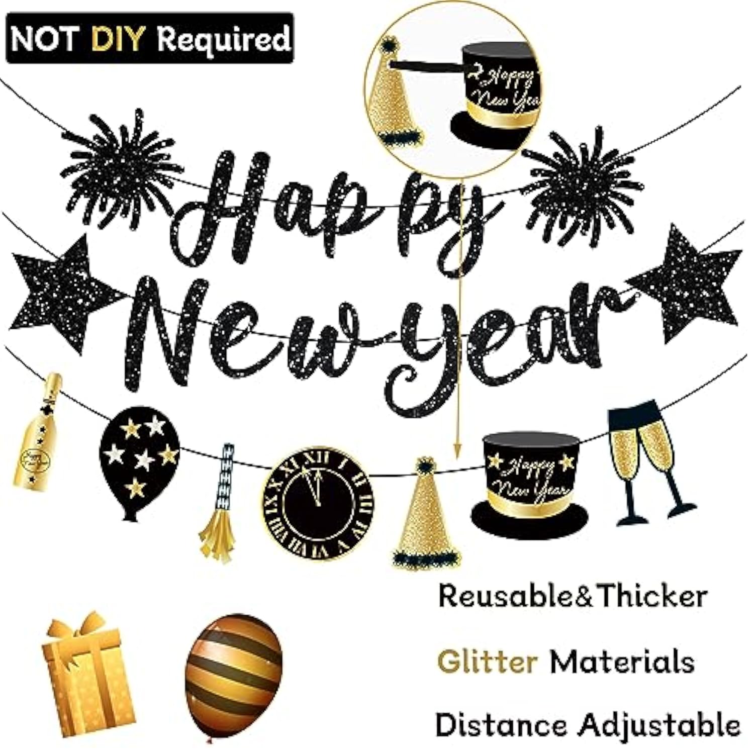 Black Glitter Happy New Year Banner 2026 Pre-Strung for Party Decorations