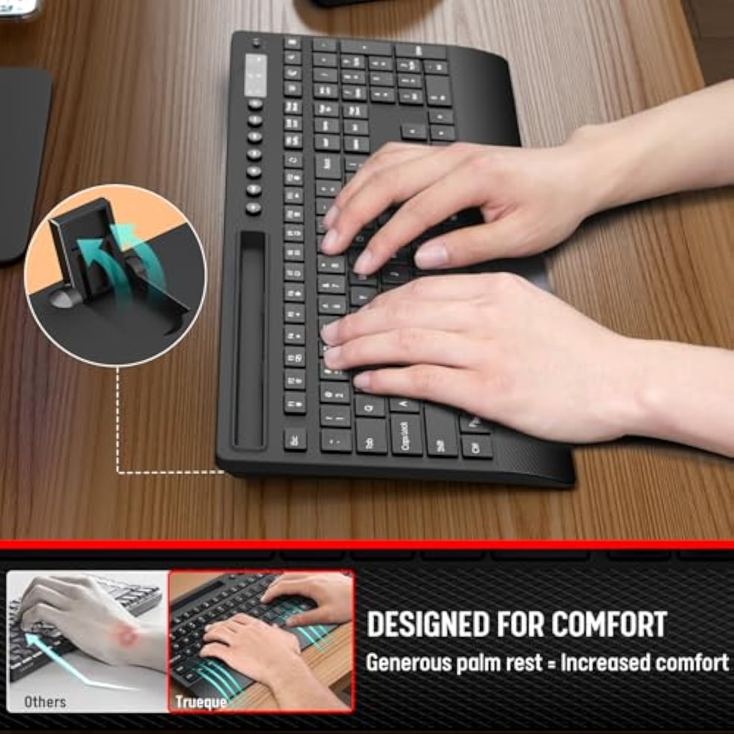 Wireless Keyboard And Mouse Combo - Full-Size Quiet Keyboard With Palm Rest, Phone Holder, Multimedia Keys, Power Switch, Compatible With Windows, Chrome Os, Pc, Laptop (Batteries Included)