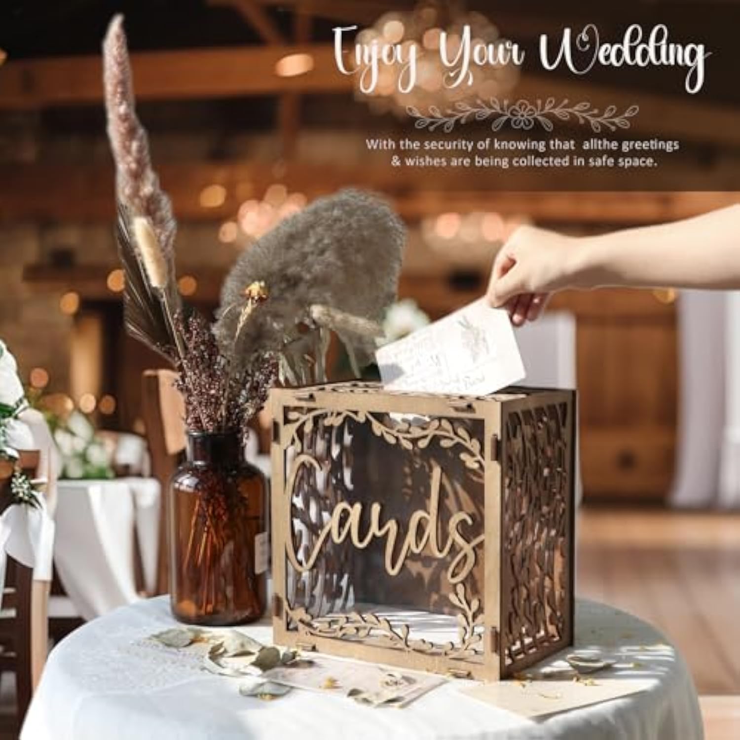 Wedding Card Box With Window, Brown Wooden Box Wedding Decorations For Reception, Money Index Card Box For Wedding Bridal Shower Rustic Wedding Decor Party Decorations
