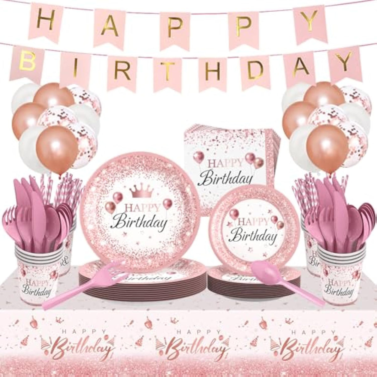 212Pcs Pink Rose Gold Party Supplies Set – Plates, Cups, Cutlery, Décor for 24