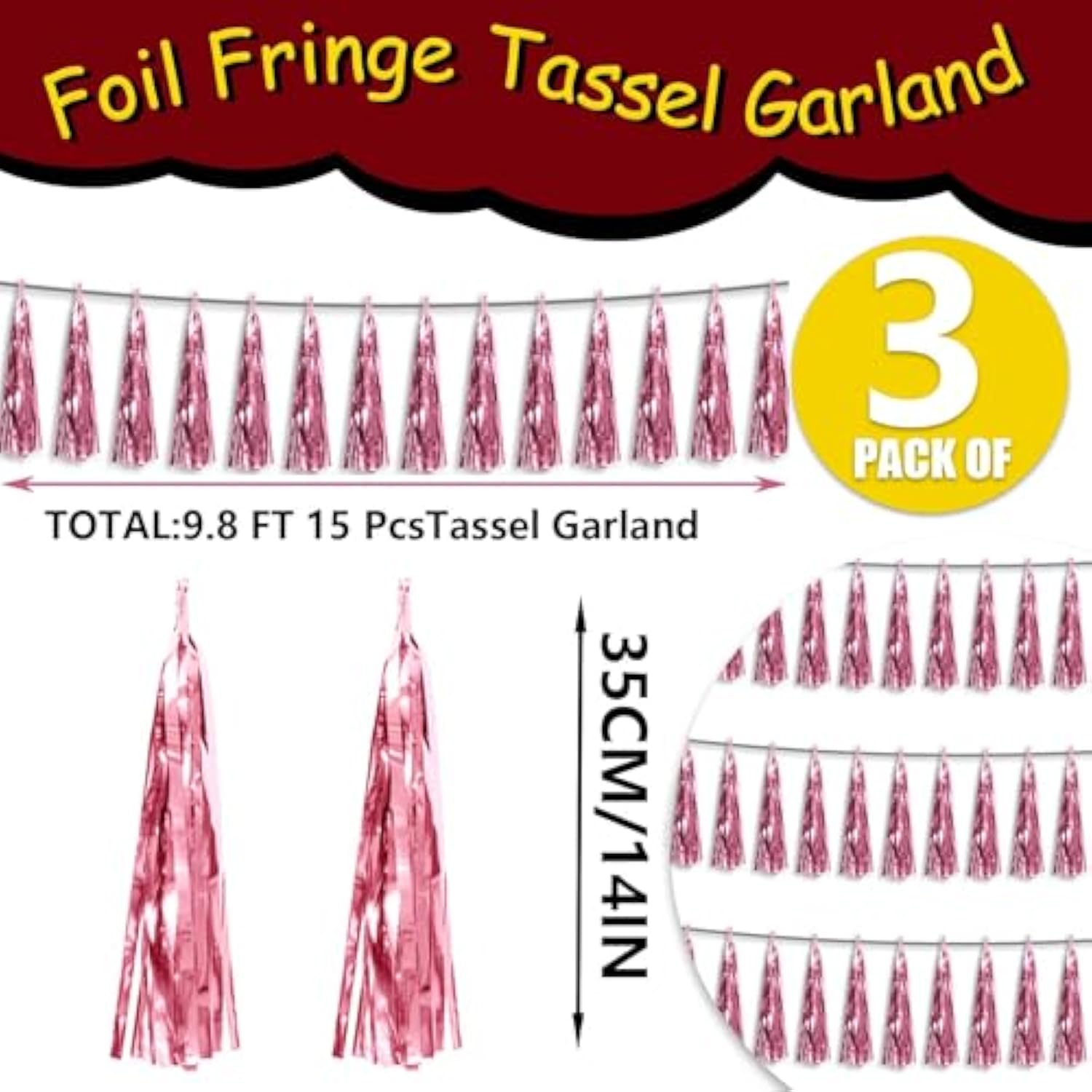 3P Metallic Fringe Tassel Banner Garland Foil Tinsel Streamer Wall Hanging Curtain Backdrop Banner For Parade Floats, Graduation Decorations, Wedding Party Decoration(Pink)
