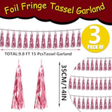 3P Metallic Fringe Tassel Banner Garland Foil Tinsel Streamer Wall Hanging Curtain Backdrop Banner For Parade Floats, Graduation Decorations, Wedding Party Decoration(Pink)