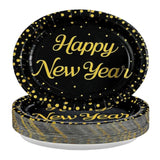 50Pcs Happy New Year Oval Paper Plates 10" X 12" Large Heavy Duty Disposable Black And Gold 2026 New Years Eve Dessert Plates Platters For 2026 New Year'S Eve Holiday Christmas Party Supplies