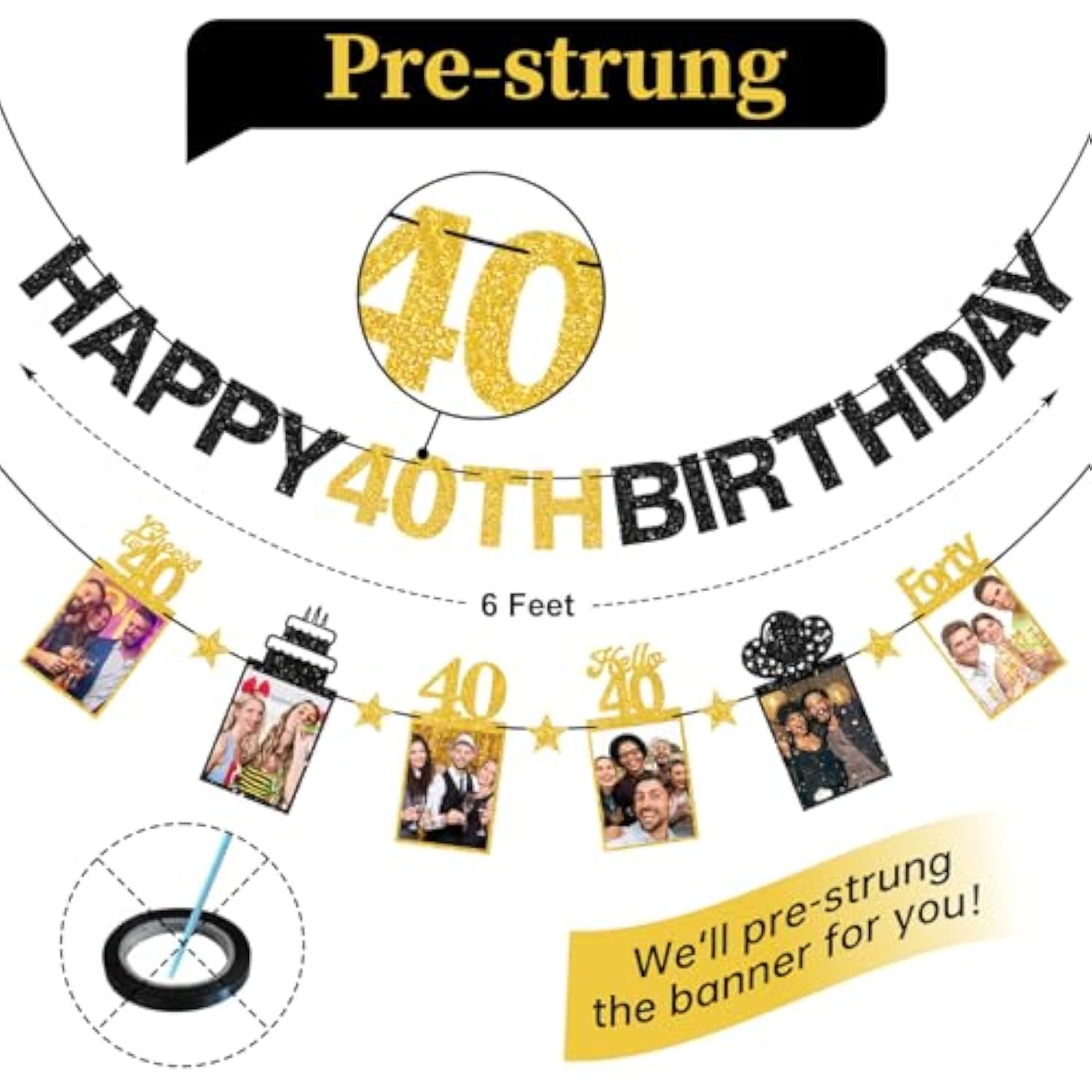 Pre-Strung Happy 40th Birthday Photo Banner — Black & Gold Glitter Party Decor