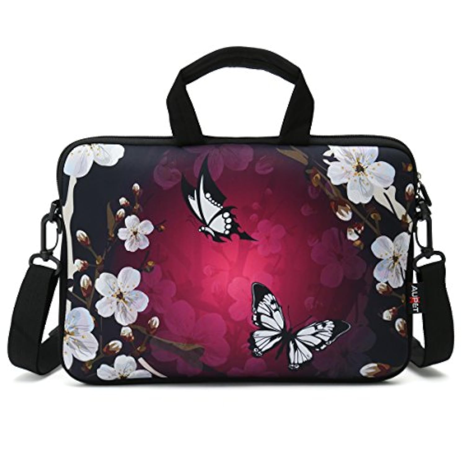 16 16.5 17-17.3-Inch Water Resistant Neoprene Sleeve Notebook Neoprene Messenger Case Tote Bag With Outside Handle And Adjustable Shoulder Strap & Extra Pocket(Butterfly And Flower)