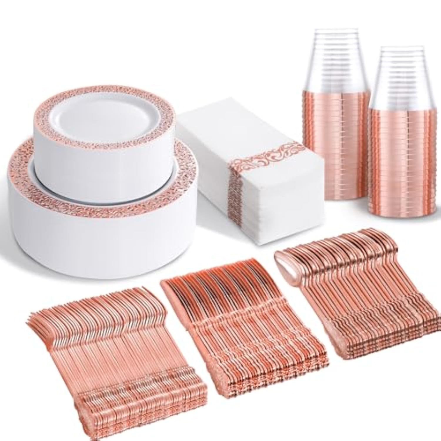 350Pcs Rose Gold Plastic Plates With Disposable Silverware & Napkins - Rose Gold Rim Plastic Dinnerware Set Lace Design For Wedding, Party & Mother’S Day