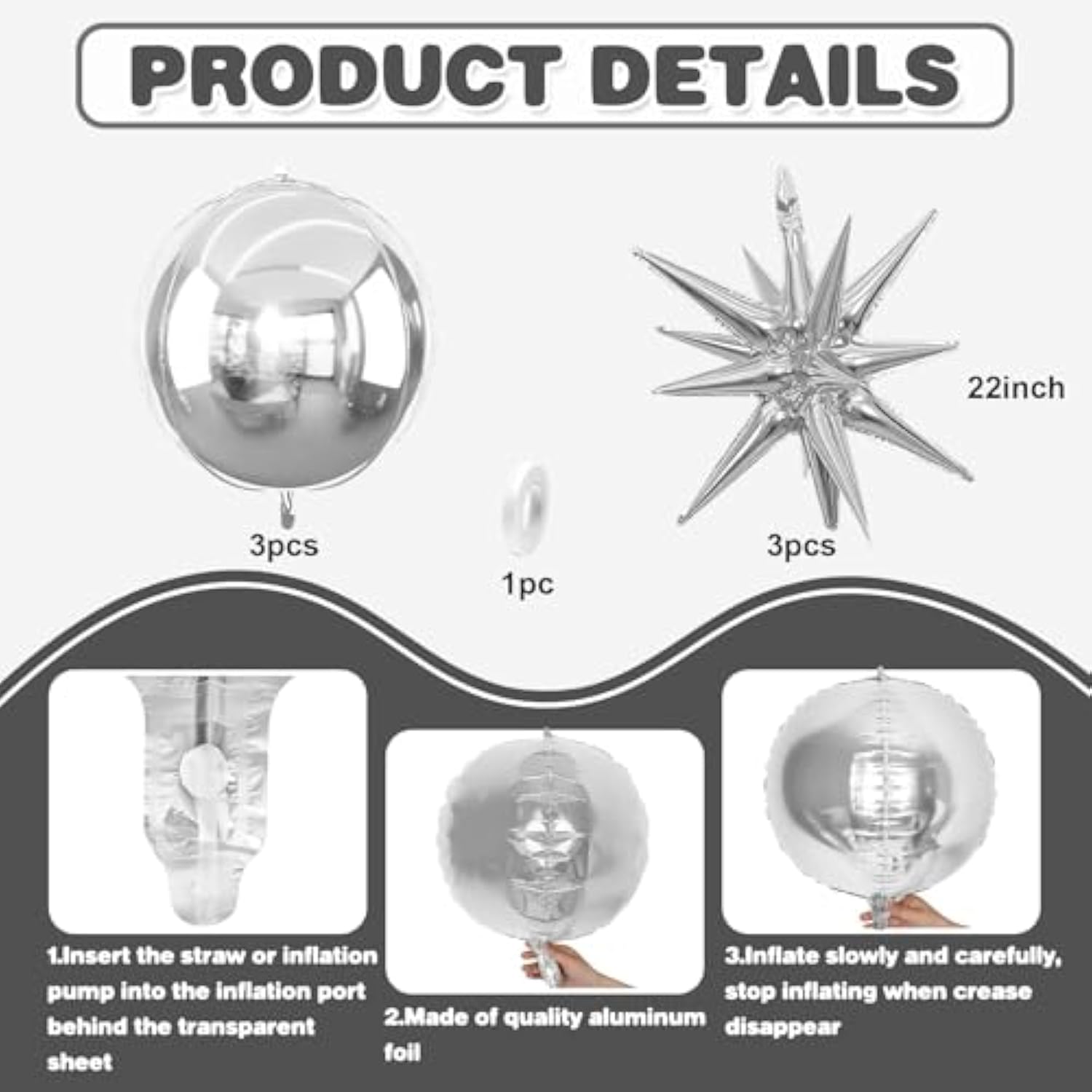 6Pcs Silver Foil Balloons,22Inch Metallic Silver 4D Round Ball Balloon And Explosion Star Balloon For Birthday Wedding Christmas New Year Eve Baby Shower Graduation Decorations