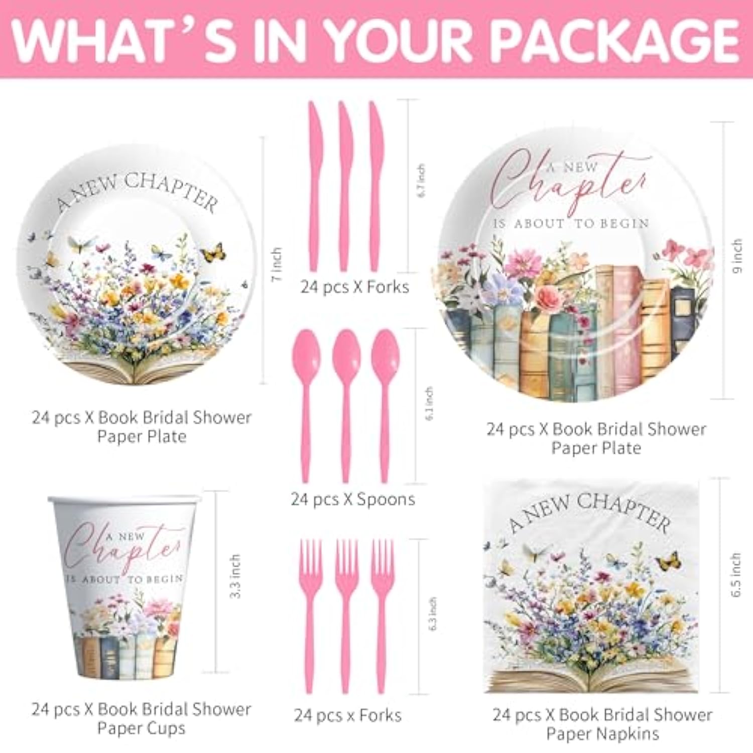 Book Theme Bridal Shower Decorations Tableware, Pink Library Reading Theme A New Chapter Story Book Bridal Shower Party Supplies, Disposable Paper Plate, Cup, Napkin, Cutlery, Serves 24