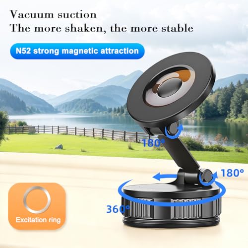 Vacuum Magnetic Car Phone Holder, 360° Rotation Vacuum Suction Vehicle Cell Phnoe Mount, Foldable Retractable Automotive Smartphone Holder, Universal