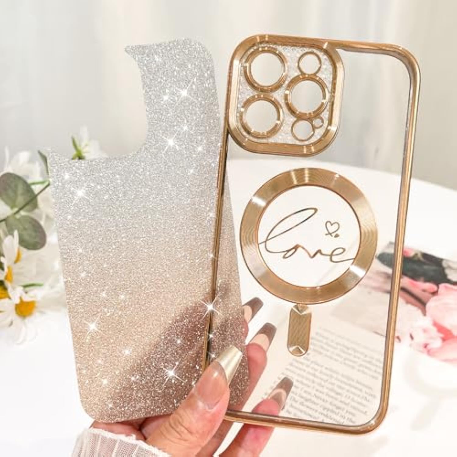 Designed For Iphone 16 Pro Max Case,Compatible With Magsafe Love Hearts Plating Camera Protection Tpu Magnetic Glitter Shockproof Phone Bumper For Women Girls 6.9"-Gold