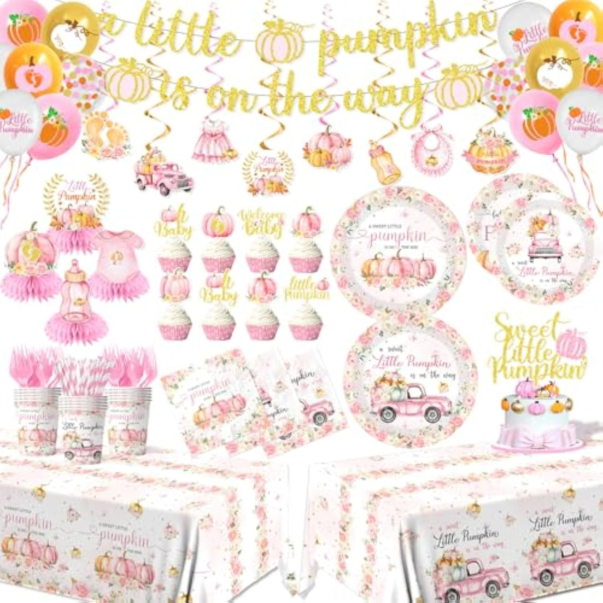 Little Pumpkin Baby Shower Decorations,198Pcs A Little Pumpkin Is On The Way Baby Shower Plate And Napkins Cups Tablecloth Cake Topper Honeycomb Balloon Fall Baby Shower Decorations For Girl ,Serve 24