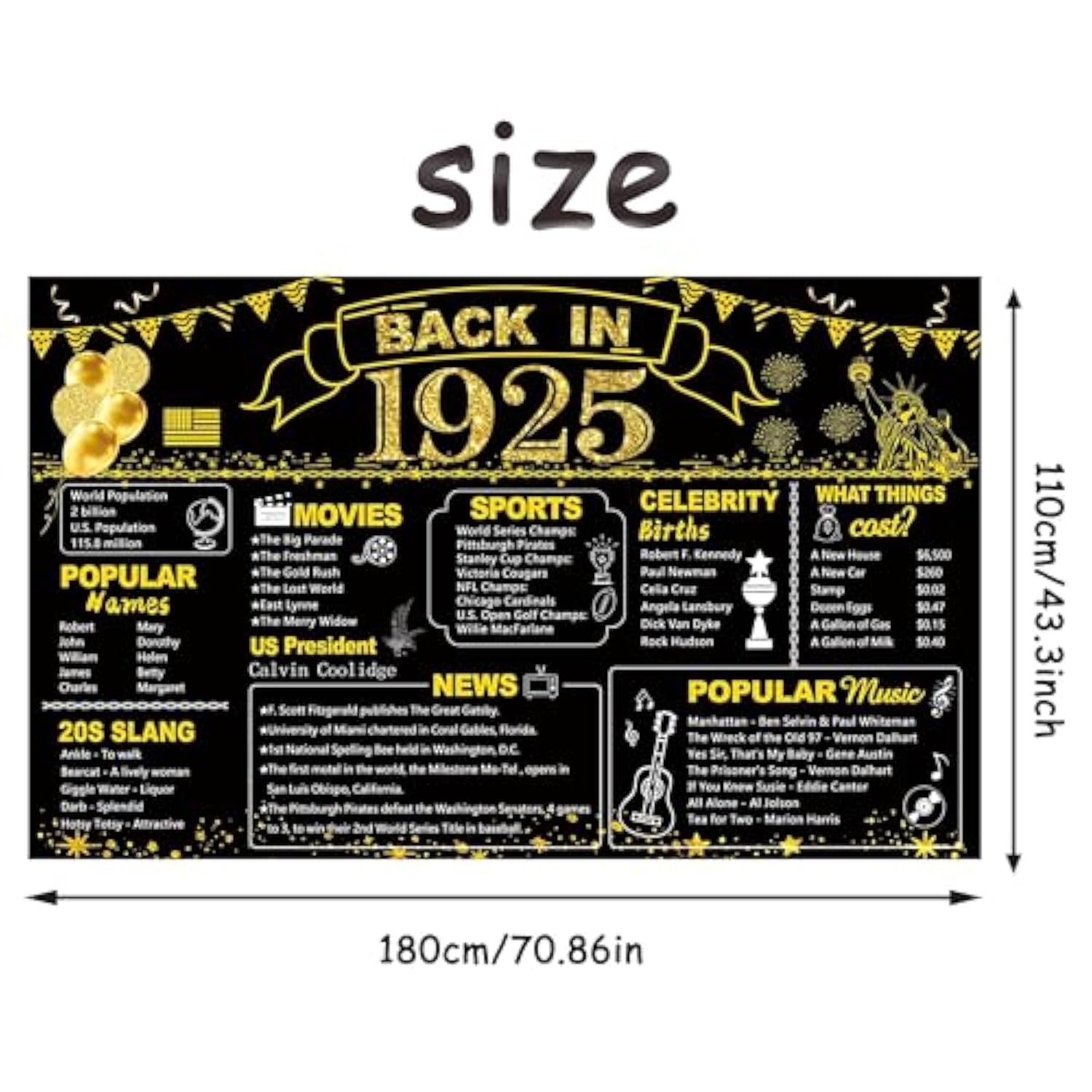 100th Birthday Black & Gold Banner, Vintage 1925 Backdrop, Large Party Decoration 6x3.6ft