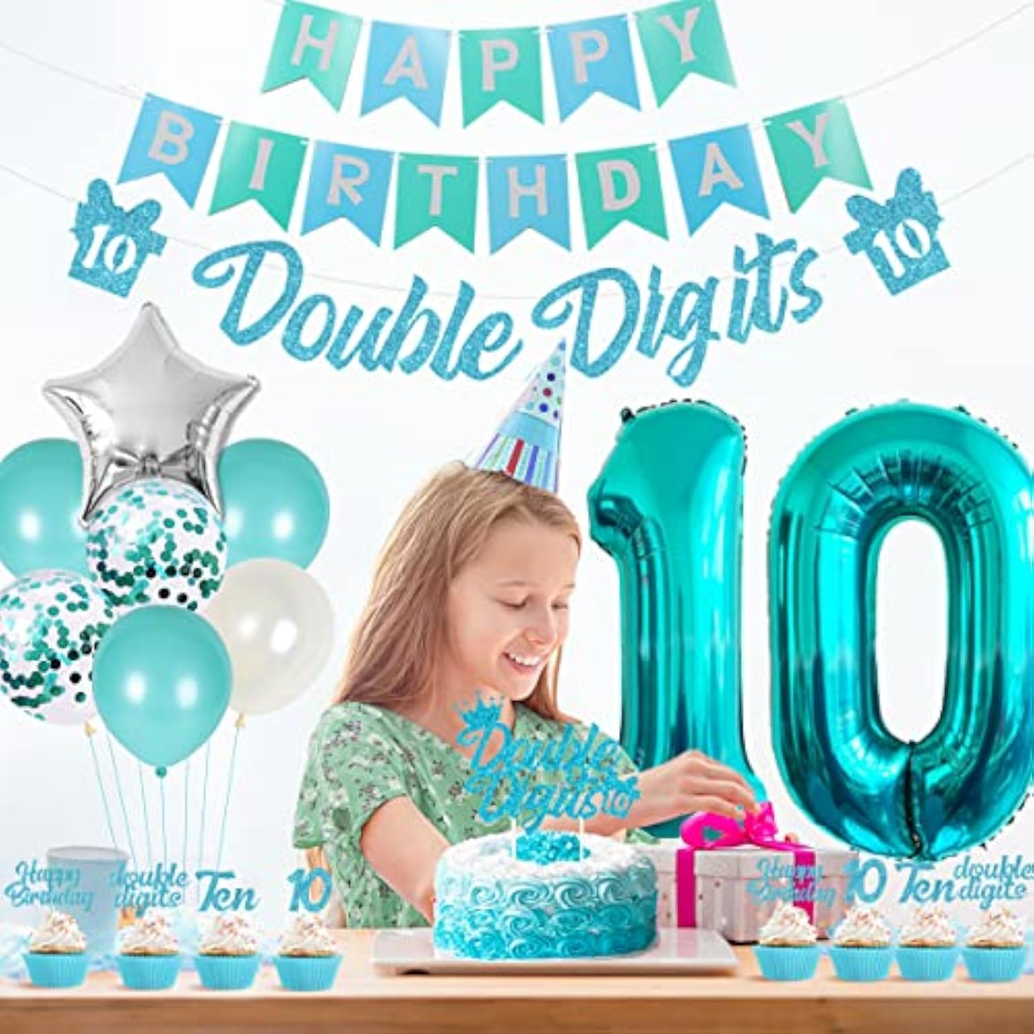 10Th Birthday Decorations For Girls Teal, Double Digits Party Supplies Turquoise Banner Cake & Cupcake Toppers Number 10 Helium Balloon Star Foil Balloon For 10 Year Old Girl Party Decorations