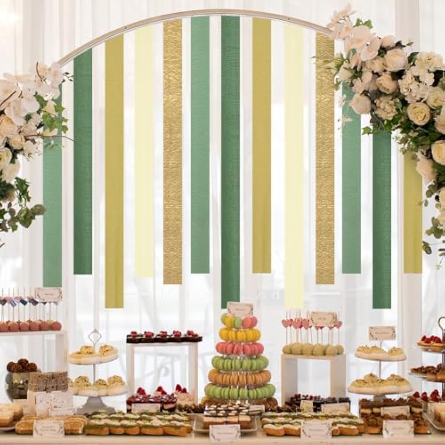 5 Rolls Green & Gold Crepe Paper Streamers for Wedding, Shower, Party Decor