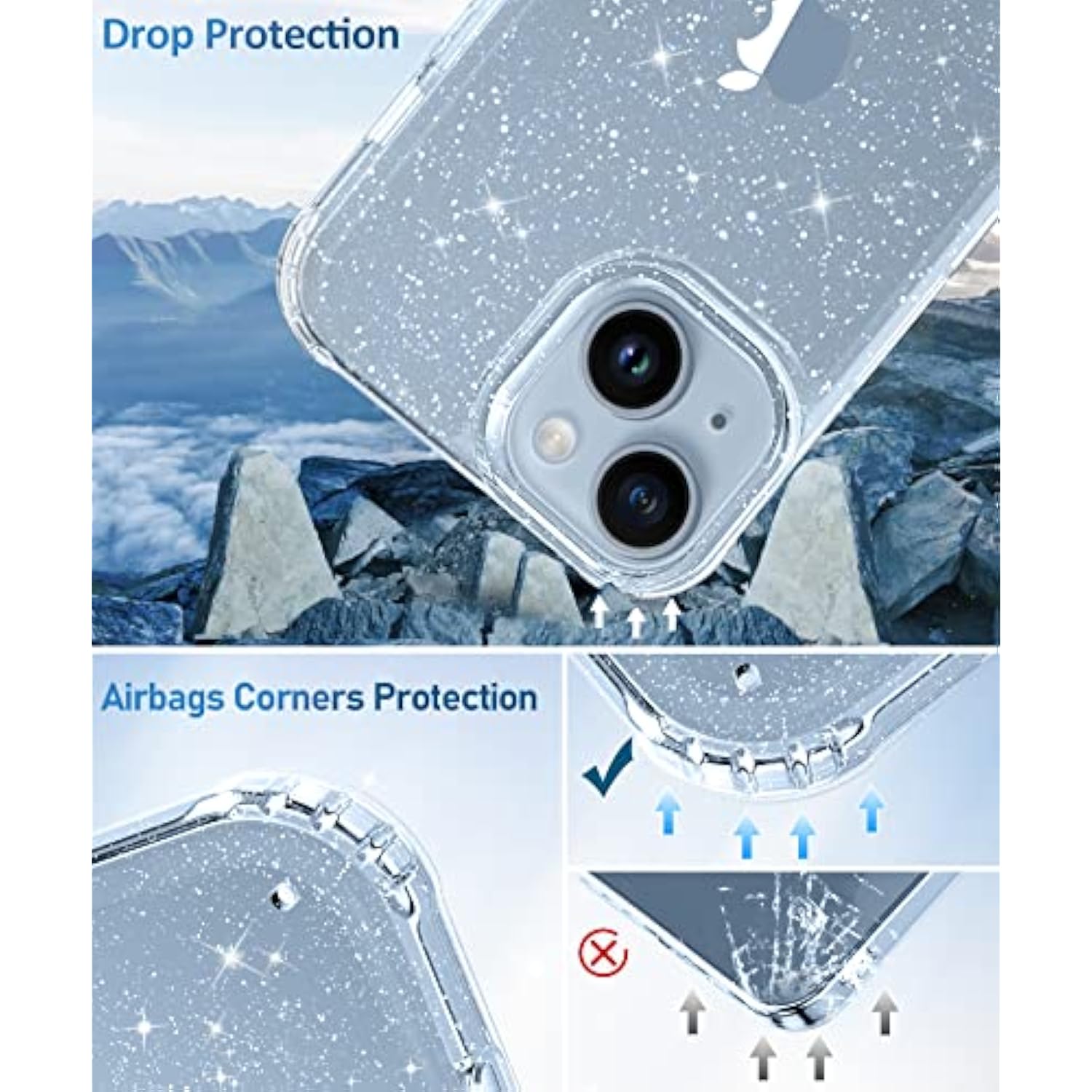 Compatible With Iphone 14 Plus Case With Screen Protector + Camera Lens Protector, [Non-Yellowing] Clear Glitter Protective Shockproof Phone Case For Women Girls, 6.7 Inch - Sparkle Clear