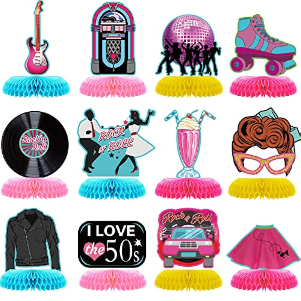 1950s Rock & Roll Honeycomb Centerpieces: Retro Party Decorations, Set of 12