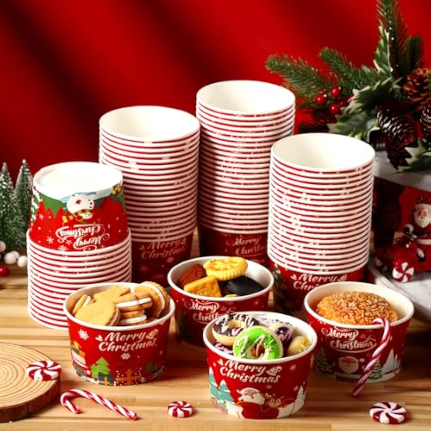 100 Pcs Christmas Treat Snack Cups 12 Oz Xmas Themed Paper Treat Food Disposable Bowls Holiday Ice Cream Snack Bowls For Parties Merry Christmas Paper Dessert Cups (Classic)