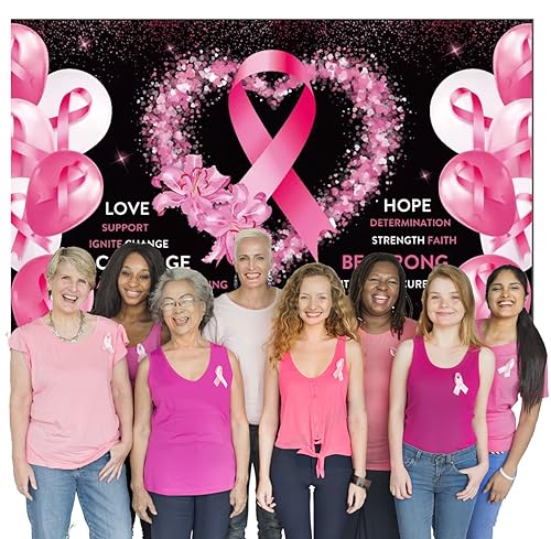 Breast Cancer Awareness Banner Backdrop Decorations Pink Ribbon Shapes Party Banner Breast Cancer Survivor Gifts Hope Faith Strength Courage Hanging Banner Breast Cancer Wall Pennants (style 4)