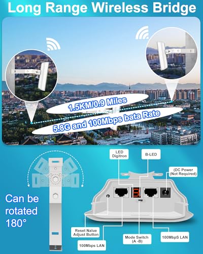 Point To Point Wireless Bridge Outdoor With Mount For Starlink Internet, 2Km 5.8G Network Wifi Bridges Extender Cpe Access Point With 14Dbi Antenna 2 100Mbps Lan Port 24V Poe Injector 2-Pack