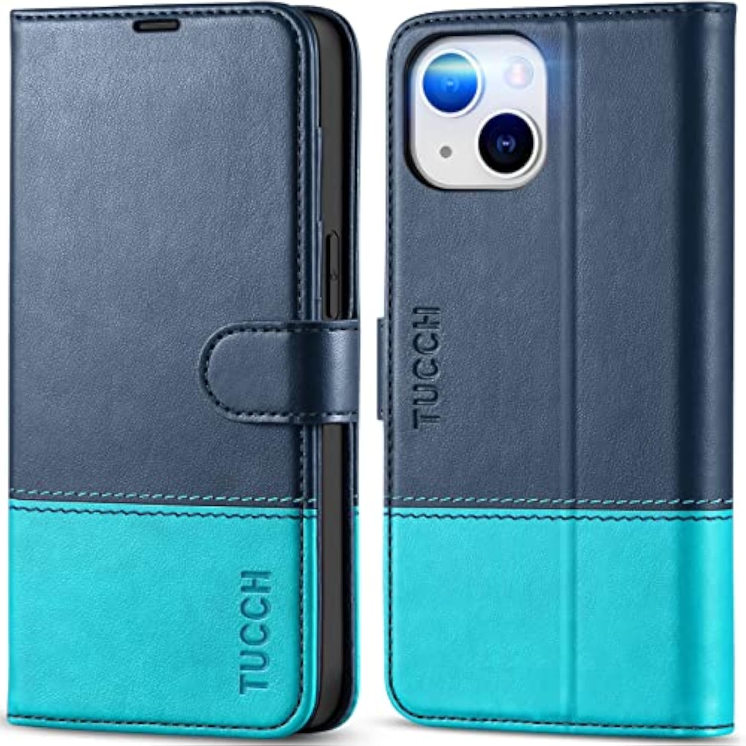 TUCCH Dark Blue and Lake Blue Wallet Case for iPhone 14 6.1" with 4 Card Holders
