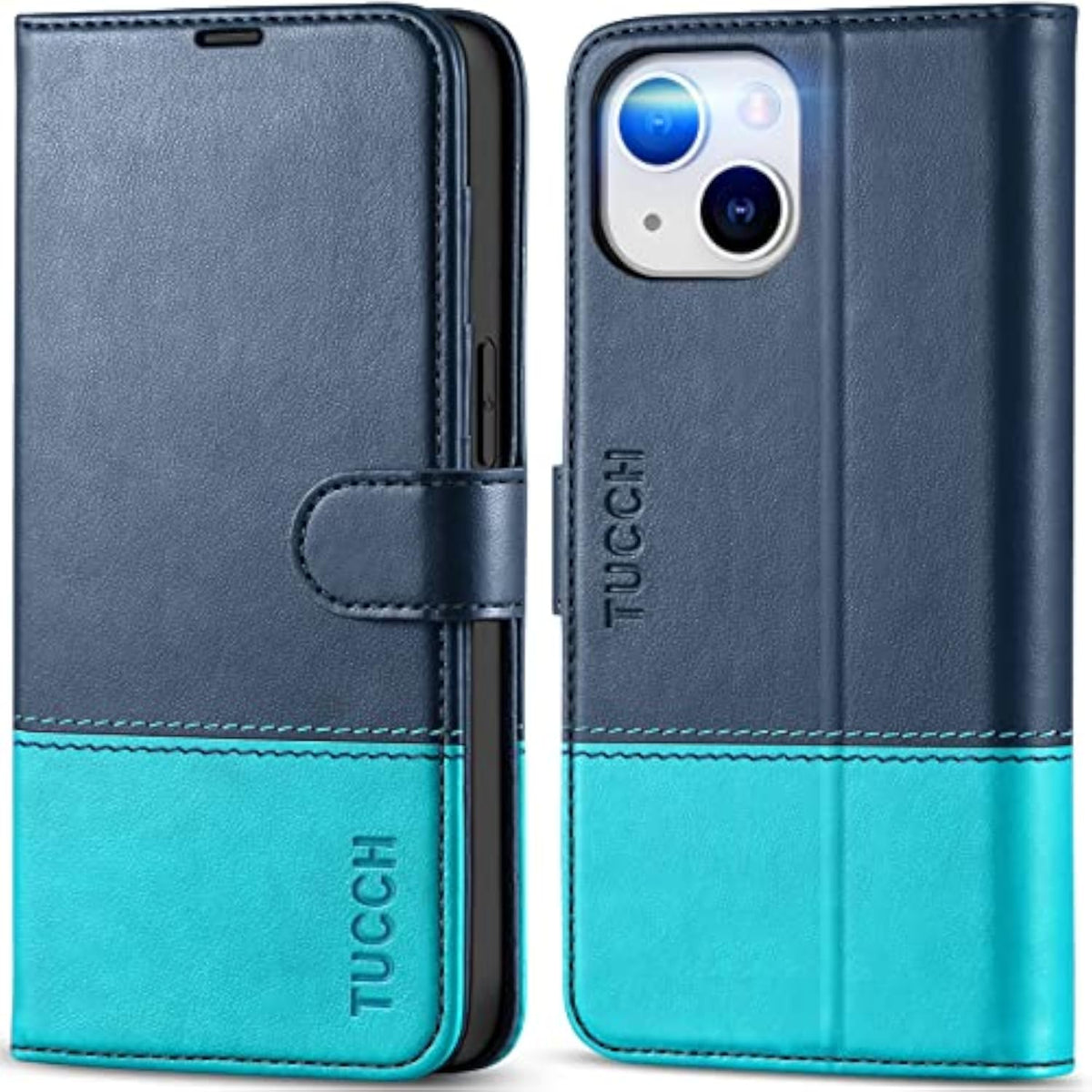 TUCCH Dark Blue and Lake Blue Wallet Case for iPhone 14 6.1" with 4 Card Holders