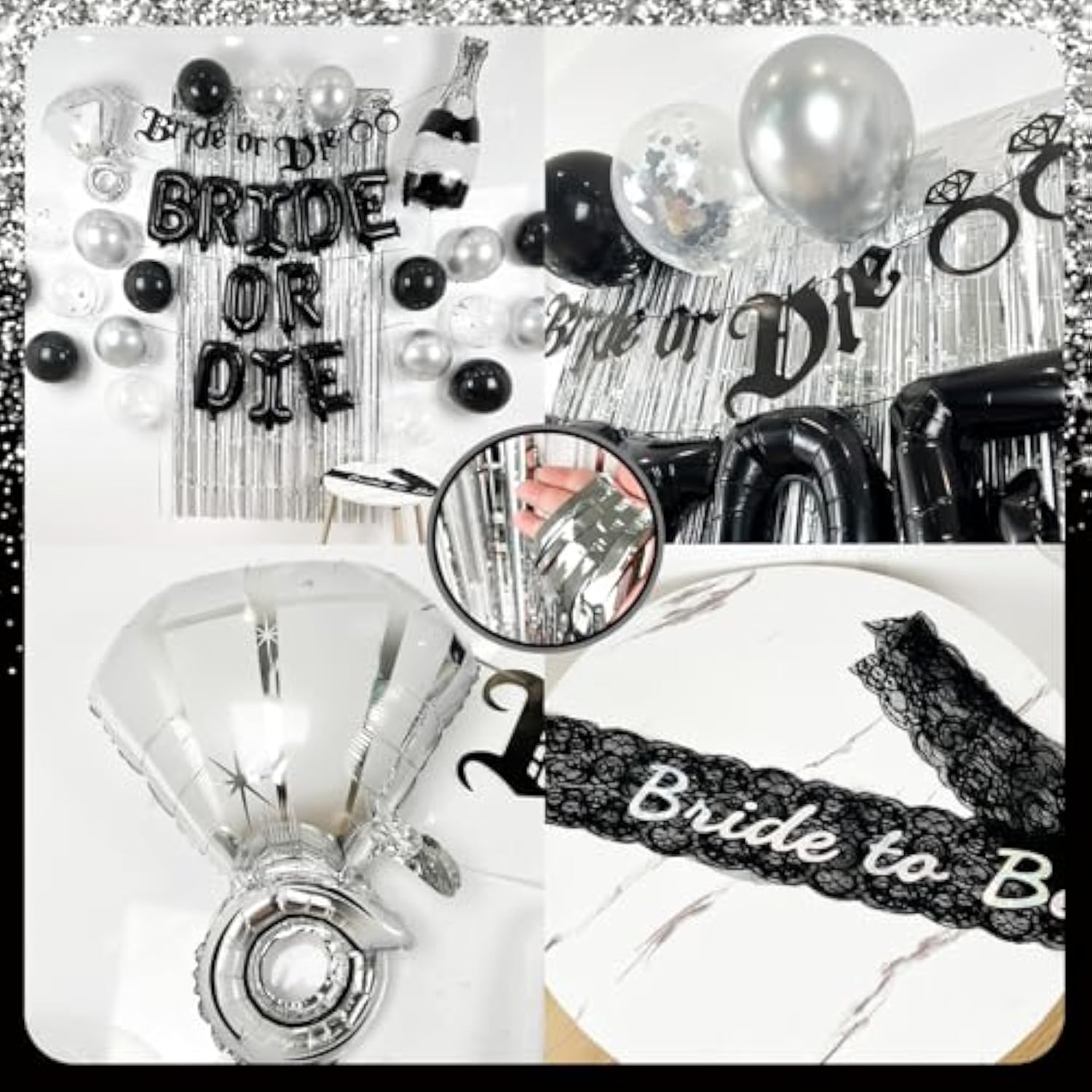 Bride or Die Bachelorette Decor Set – Black & Silver Balloons, Banner, Sash and Foil Curtain