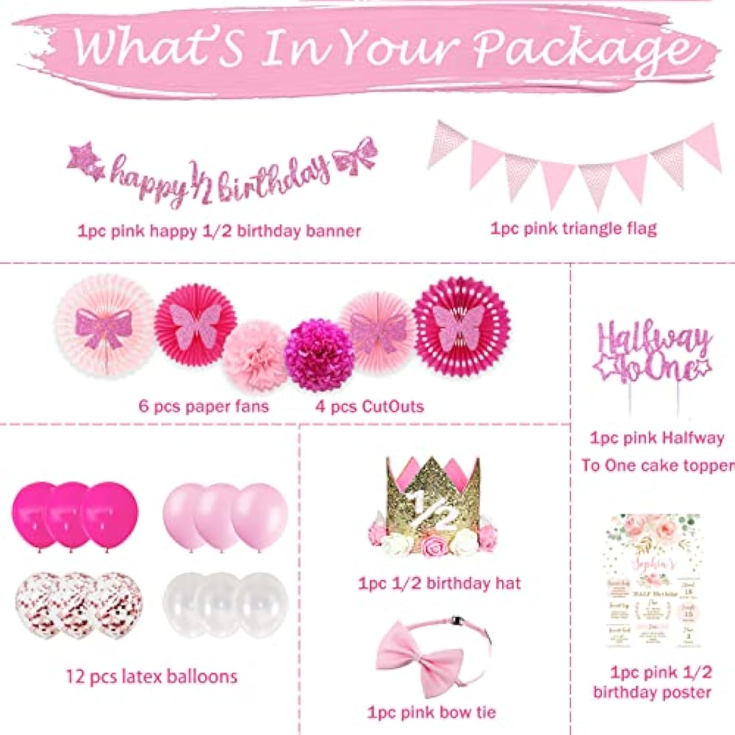 Half Birthday Decorations Baby Girl, 12 Birthday Decorations Supplies, 6 Months Birthday Decorations, Pink Rose Gold Glitter Half Birthday Banner With Triangle Flag Banner, 12 Birthday Hat