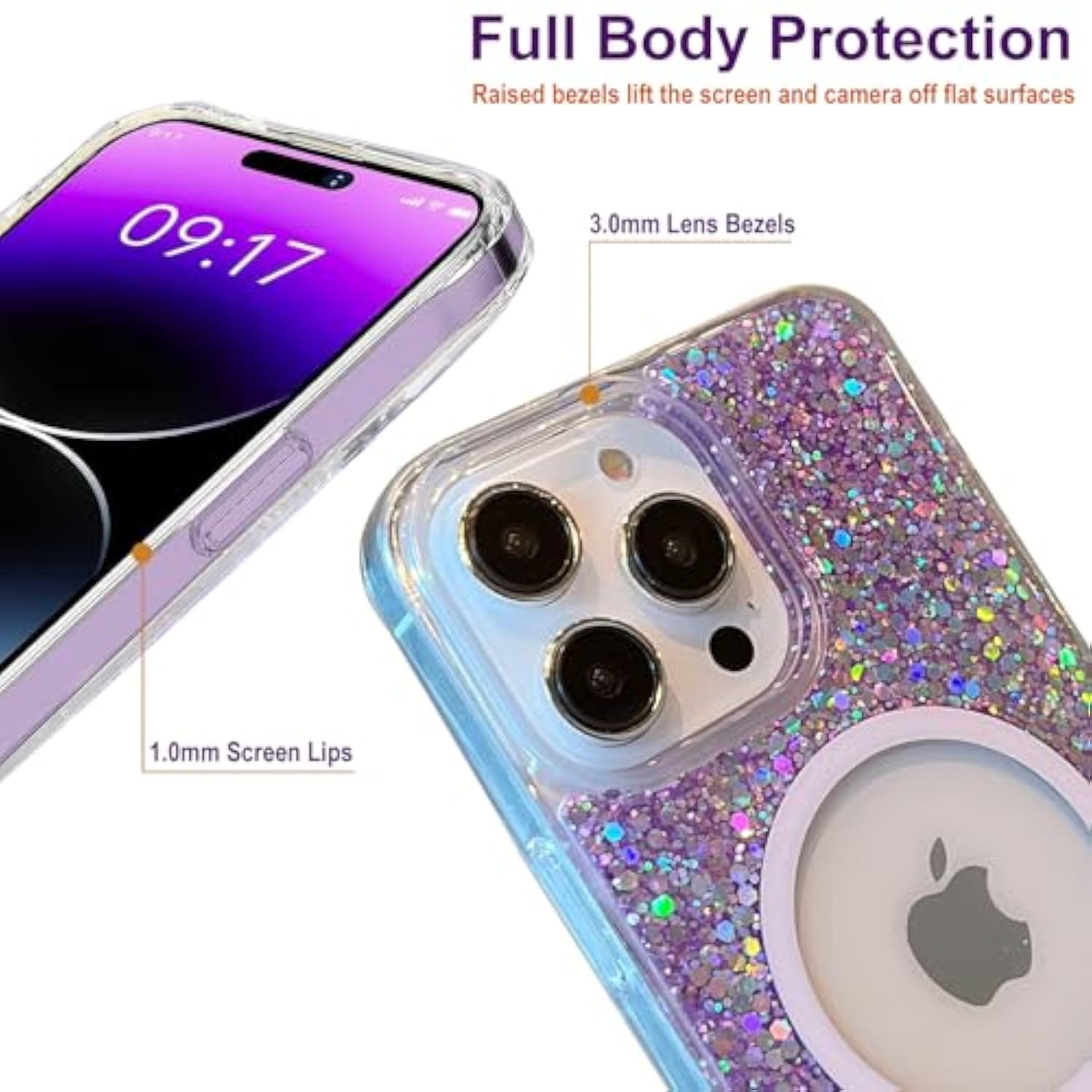 Cute Glitter For Iphone 14 Pro Max Case [Compatible With Magsafe] [12Ft Drop Protection] Magnetic Cover With Bling Sparkles For Iphone 14 Pro Max 6.7"- Sparkly Purple