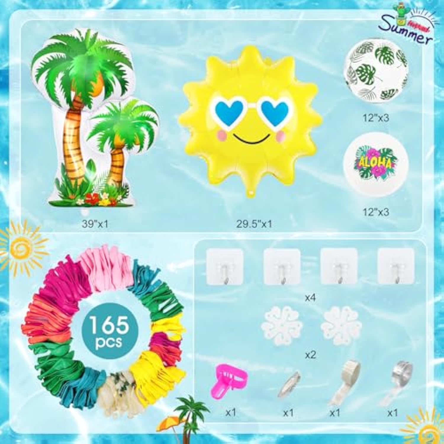 165Pcs Summer Tropical Balloon Arch Garland Kit, Hot Pink Green Orange Blue Yellow Foil Coconut Sun Palm Leaves Aloha Neon Rainbow Balloons For Hawaiian Luau Pool Birthday Party Decorations