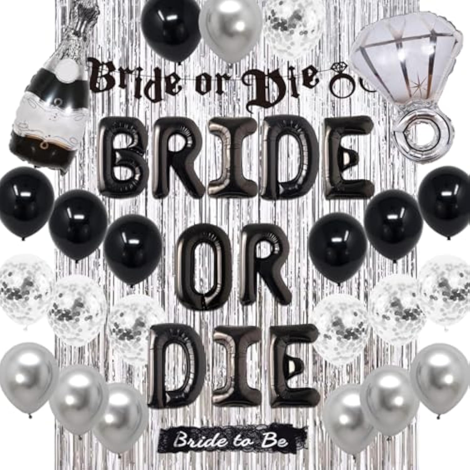 Bride or Die Bachelorette Decor Set – Black & Silver Balloons, Banner, Sash and Foil Curtain