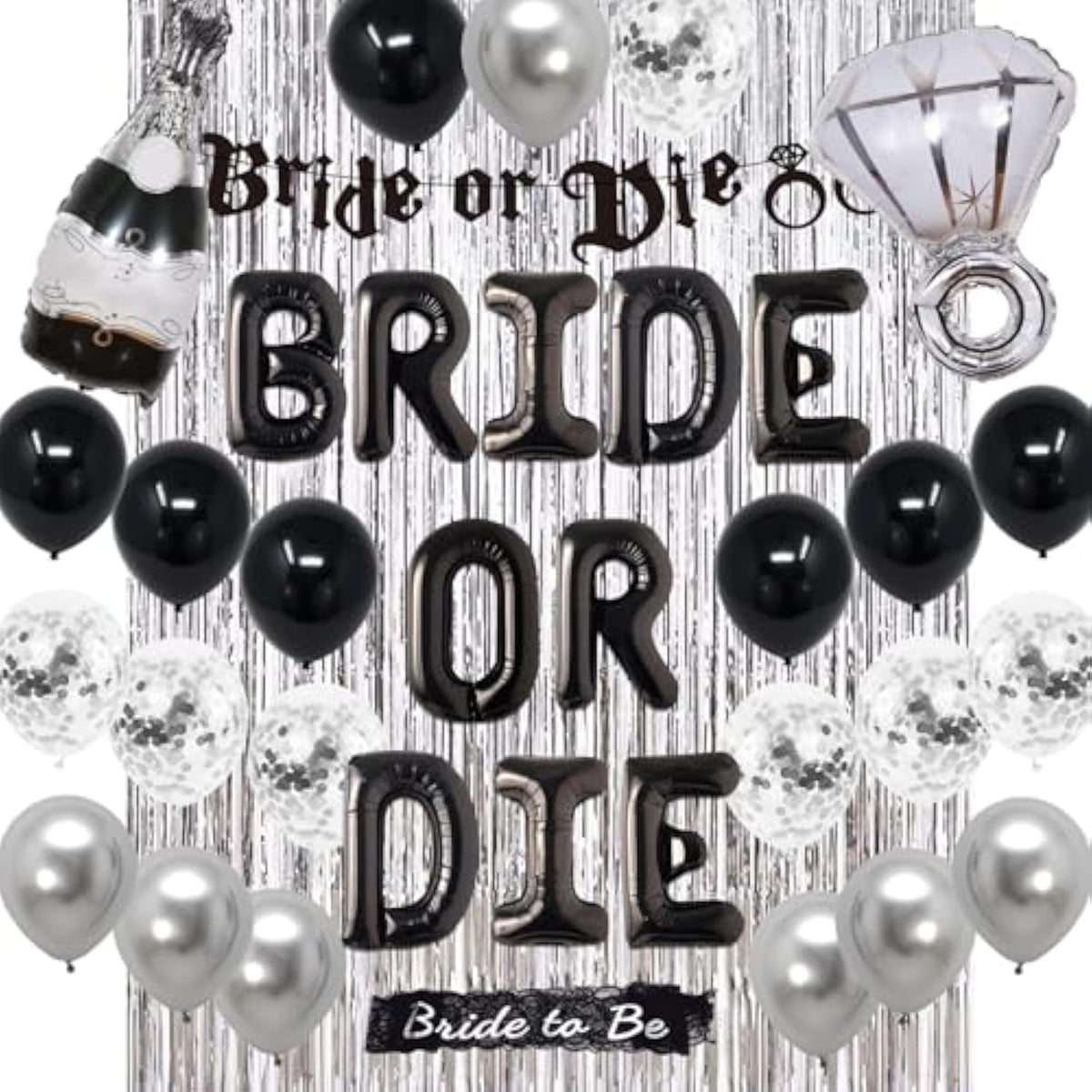 Bride or Die Bachelorette Decor Set – Black & Silver Balloons, Banner, Sash and Foil Curtain