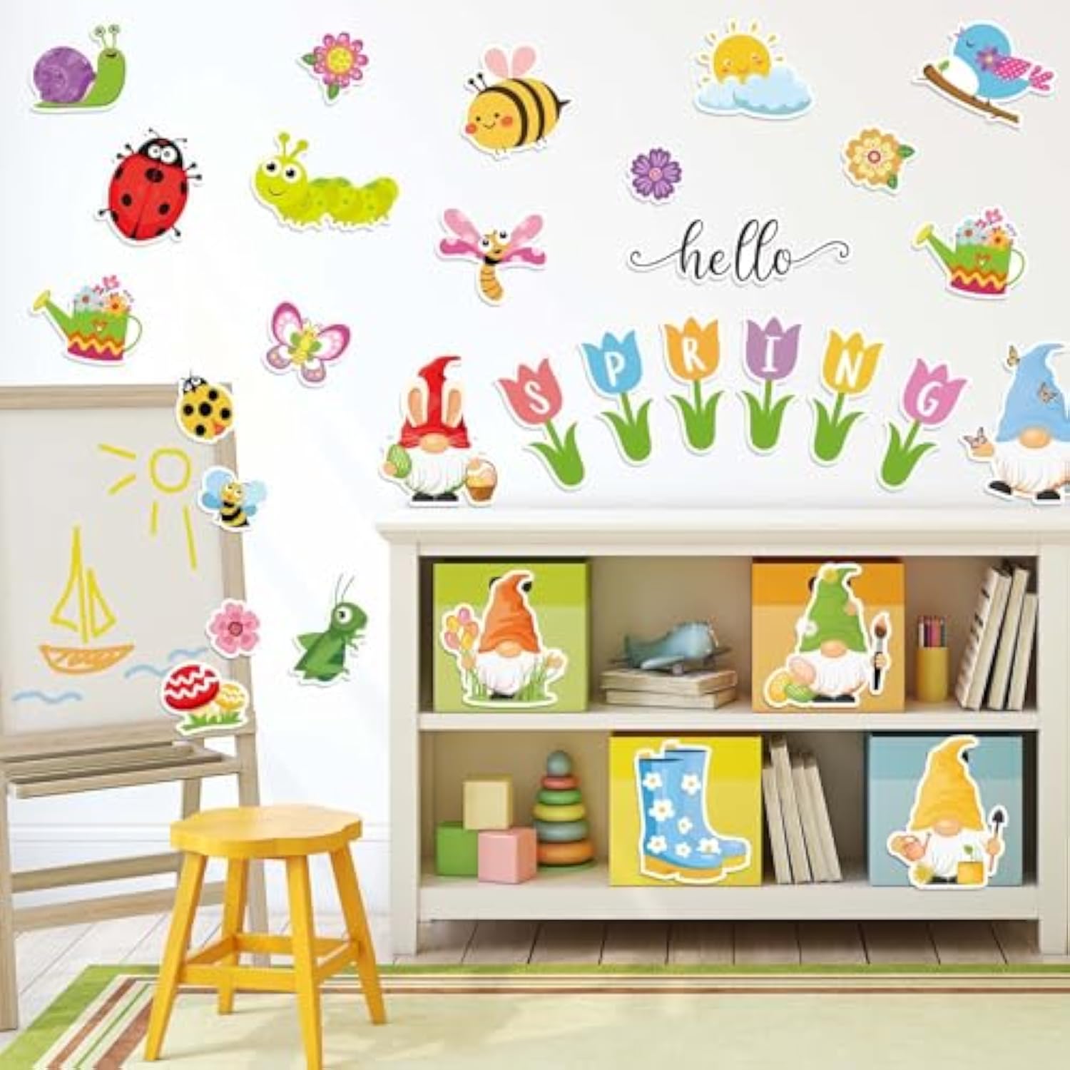 54Pcs Hello Spring Cutouts Tulip Flower Gnome Butterfly Bee Paper Cut-Outs With 100Pcs Glue Points Cute Cartoon Bulletin Board Decor For Diy Craft Art School Classroom Home Party