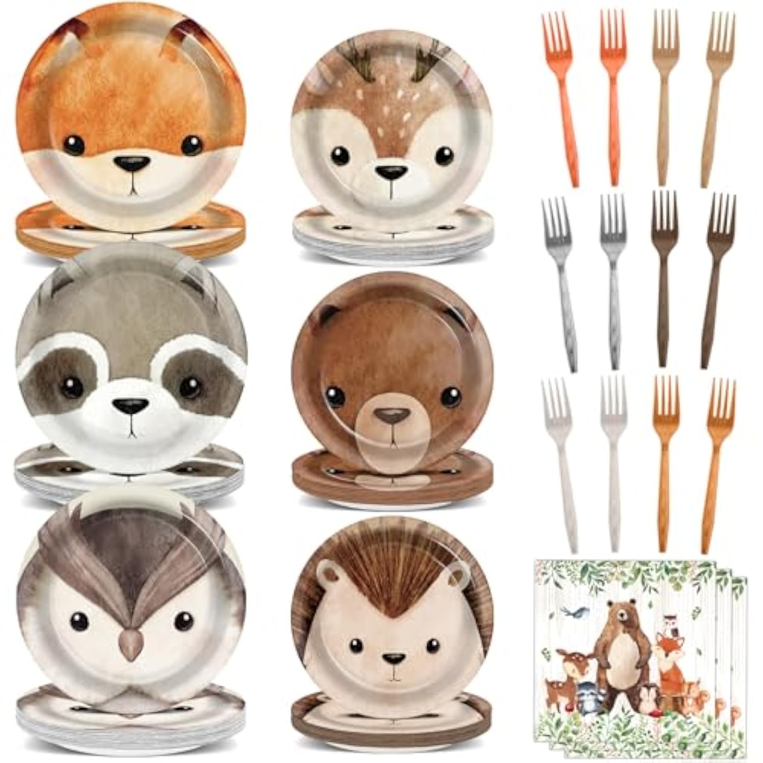 96Pcs Woodland Party Paper Plates And Napkins For Animal Party Decorations Woodland Creatures Dessert Plates Disposable Tableware For Kids Serves 24 Baby Shower Birthday Forest Animal Themed Supplies