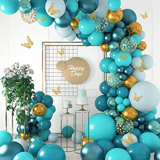 168Pcs Teal Balloons Garland Arch Kit, Double-Stuffed Dark Teal Blue Turquoise Metallic Gold Green Balloons With 12Pcs Butterfly For Birthday Wedding Baby Shower Party Decorations