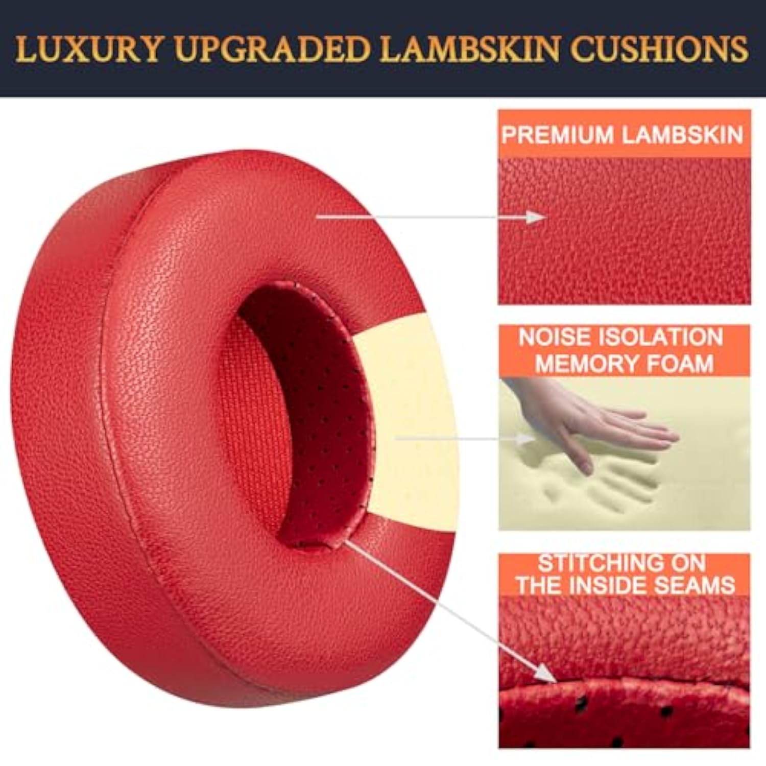 Lambskin Earpads Cushions Replacement For Beats Solo 2 & Solo 3 Wireless On-Ear Headphones, Solo2 Solo3 Ear Pads With High-Density Foam, Added Thickness - Red