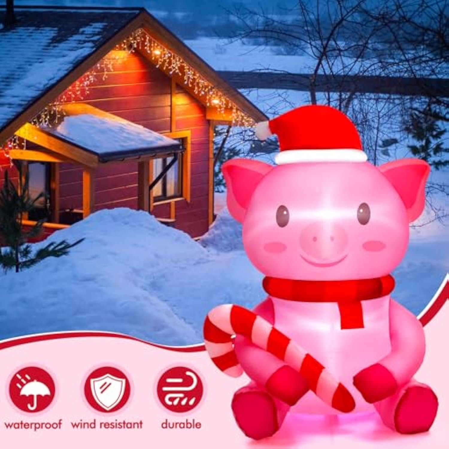 3.3Ft Christmas Inflatable Pig Pig With Santa Hat & Candy Cane Christmas Inflatable Led Lighted Blown Outdoor Pig Decor
