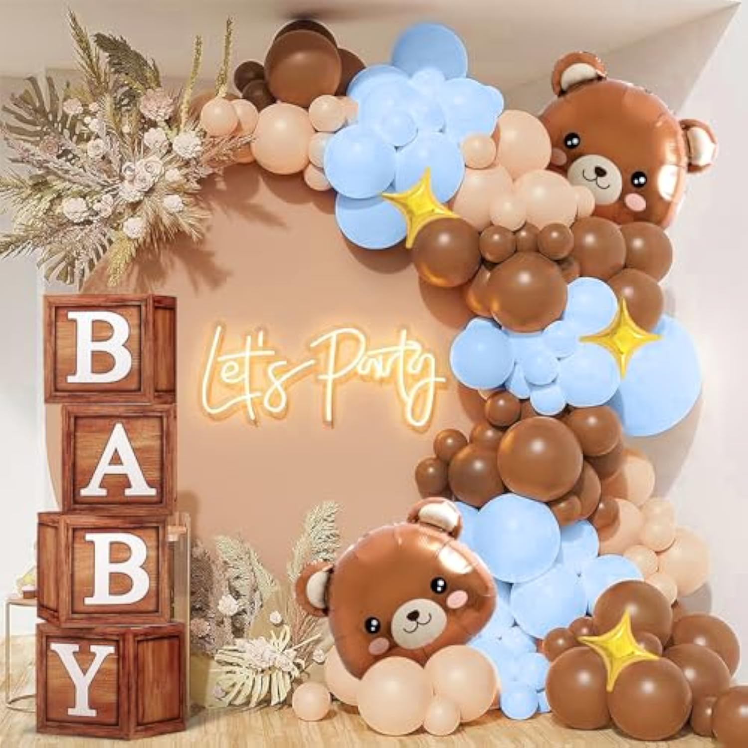 117pcs Teddy Bear Baby Shower Decor Blue Brown Balloon Garland & Backdrop Kit