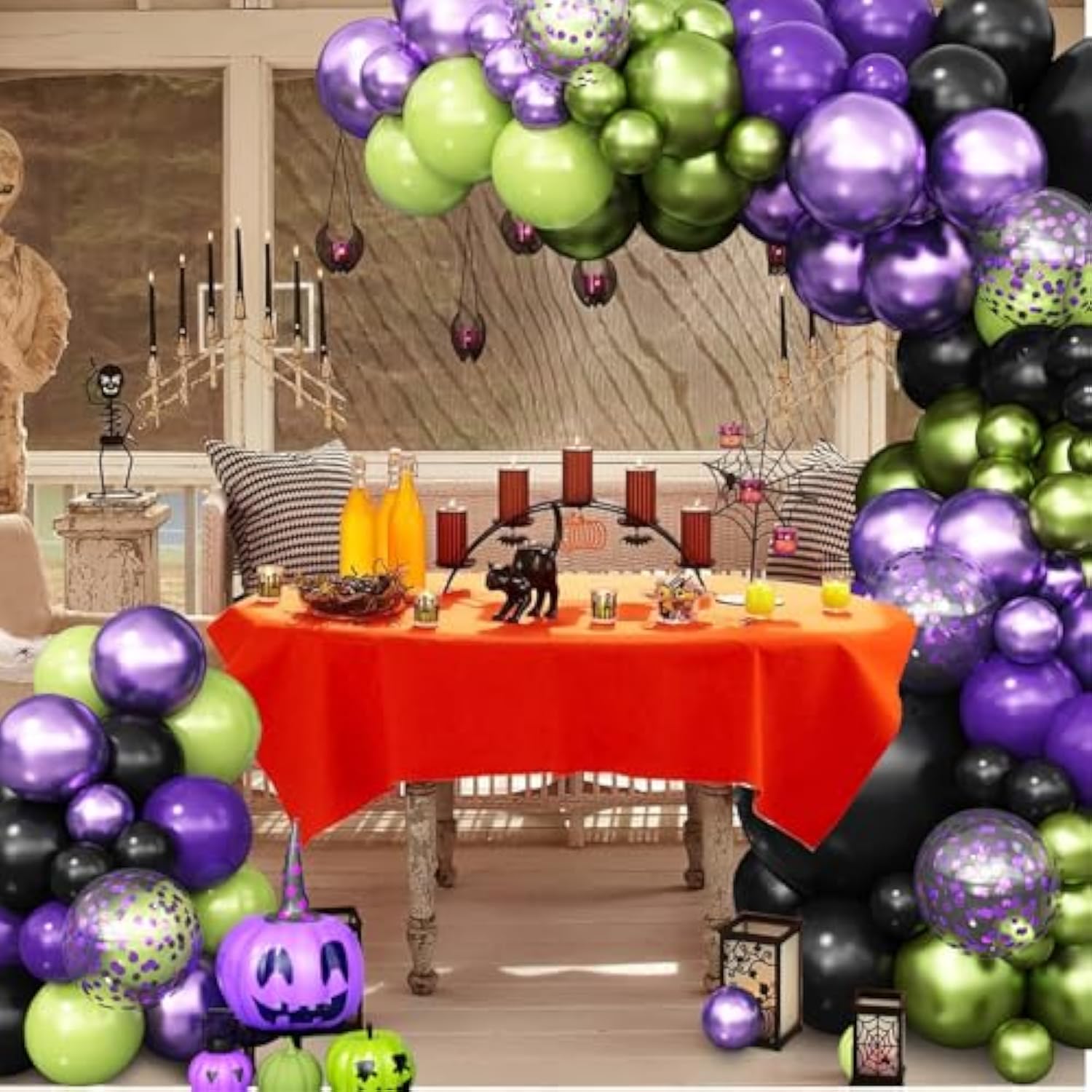 Halloween Balloon Arch Kit - Purple, Green & Black Metallic Balloons with Purple Confetti Decor