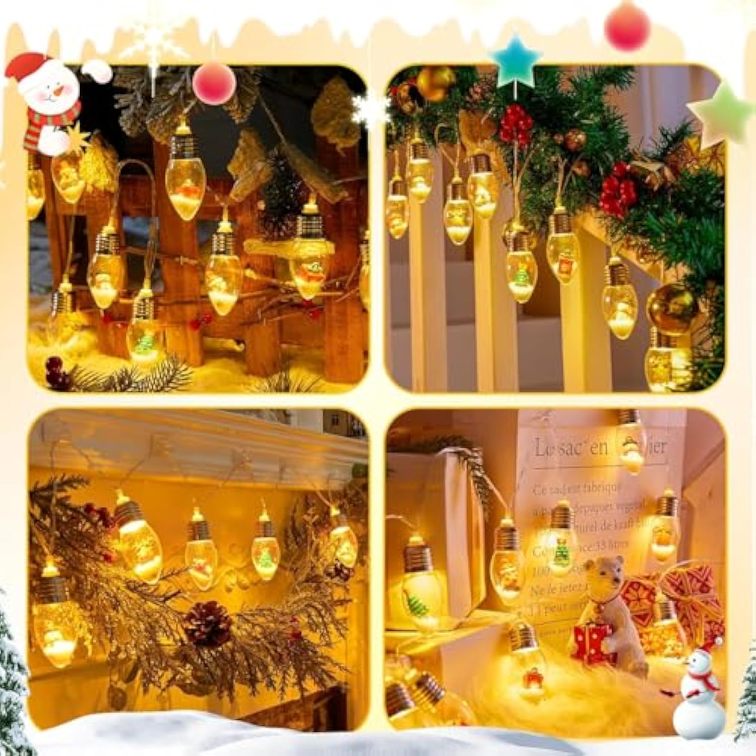 Indoor Christmas Lights, 7.5Ft Battery Powered String With Santa, Gifts And Adorable Ornaments Inside Snow Globes, Ideal