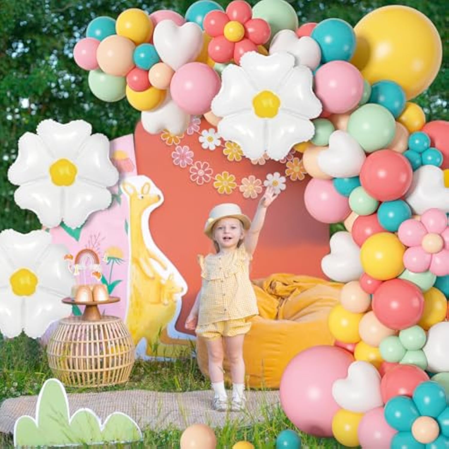 161Pc Daisy Balloon Garland Arch Kit, Pastel Groovy Flower Party Decorations With Pink Yellow Orange Blue Green Daisy Banners For Baby Shower Retro Hippie Two Groovy Boho Birthday Party Decor