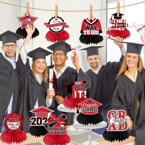 Red and Black Graduation Decorations Class Of 2026 Honeycomb Centerpiece,12pcs Red Graduation Table Decorations Congrats Graduation Centerpieces for Tables