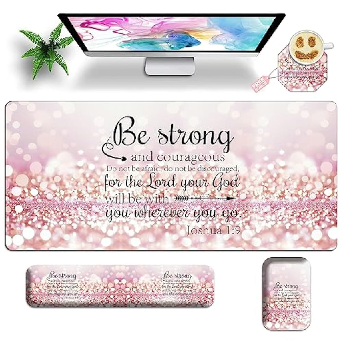 Large Gaming Mouse Pad Set 35.4 X 15.7 With Keyboard Wrist Rest, Wrist Support, And Coaster Memory Foam Smooth Desk Pad Mousepad For Home Office School - Quote Bible