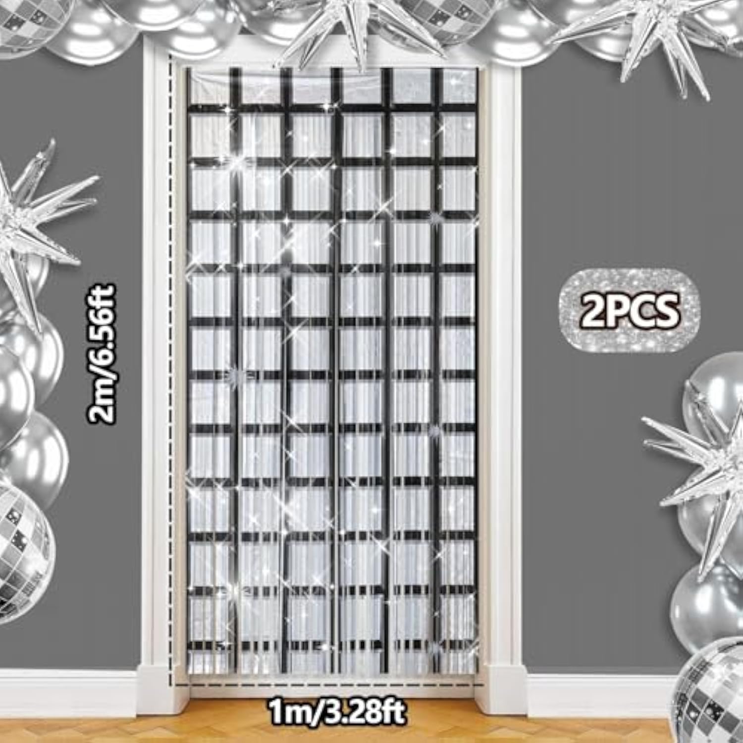 Disco Foil Fringe Curtains 2 Pack Black & Silver Party Backdrop
