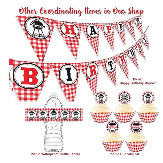 Picnic Happy Birthday Banner - Bbq Birthday Party Pennant - Red Gingha