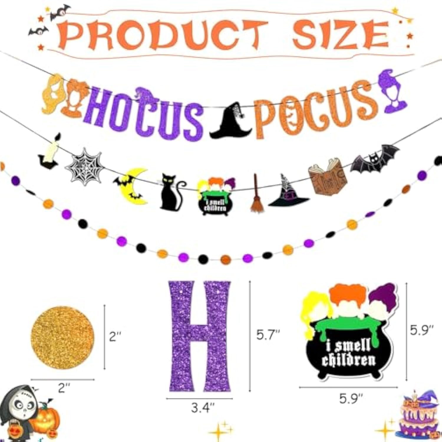 Upgraded, 3Pcs Hocus Pocus Decor, Halloween Hocus Pocus Banner (Premium Glitter), With 12Pcs Hallo Ween Sign Hanging Paper, 1 Set Garland, Witches Halloween Decorations, For Indoor Home Office Wall