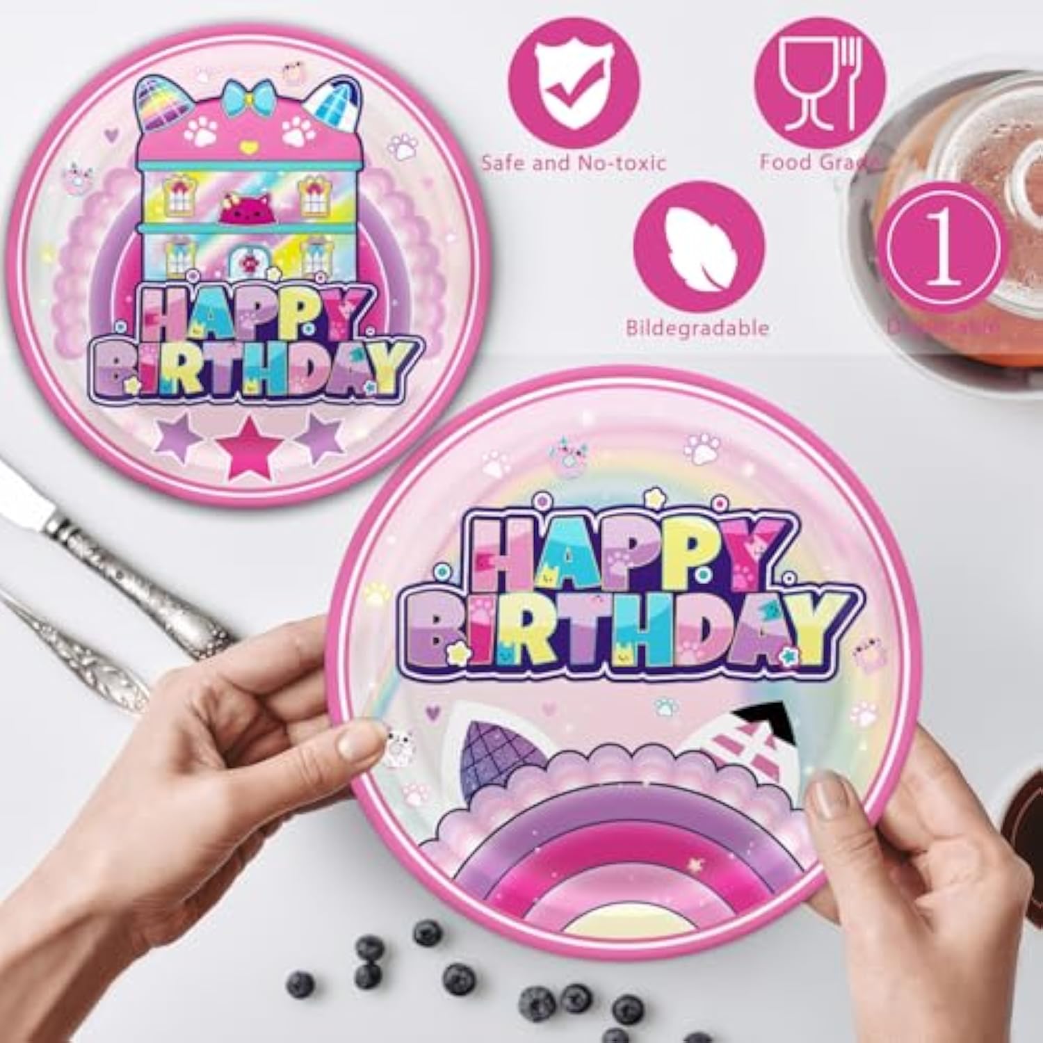 Party Decorations 41Pcs Cute Cat Style Birthday Tableware Set Include Paper Plates Of Two Sizes, Napkins, 42.5X70.8Inch Rectangular Waterproof Plastic Tablecloth
