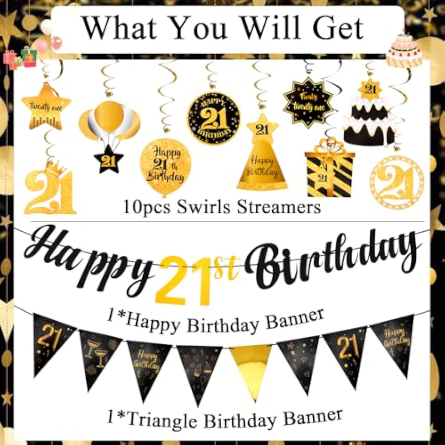 21St Birthday Decorations Men Set - Happy 21 Birthday Banner Triangle Flag Hanging Swirls Streamers For Women Men Party Decorations Supplies, Black And Gold