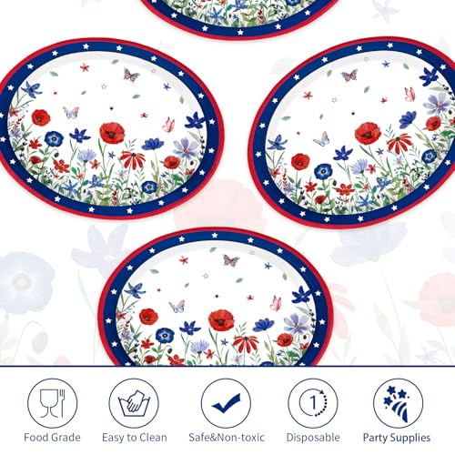 50 Pcs Large Patriotic Flower Oval Paper Plates 12 x 10 Inch Heavy Duty